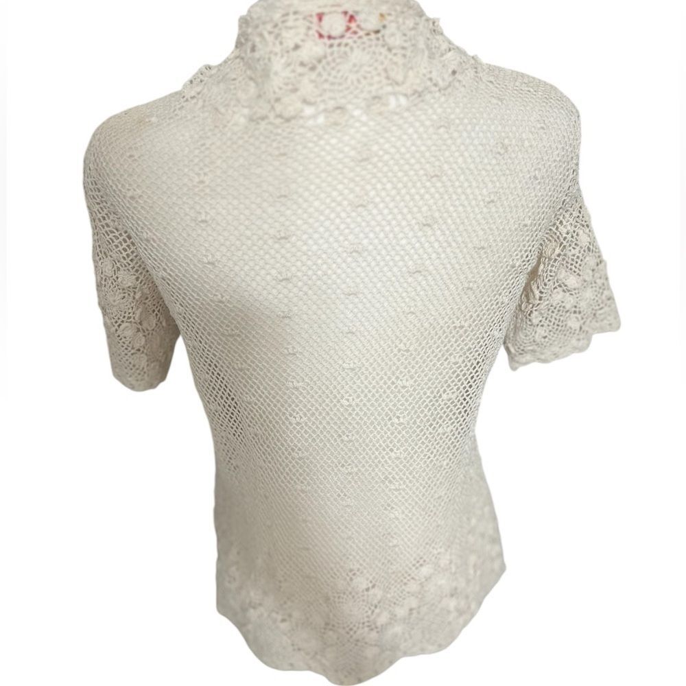 Vintage crochet sweater vest jacket cream large Japanese hand knit - Picture 5 of 11